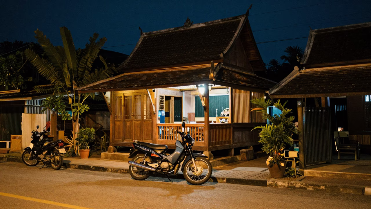 Chiang Mai Thailand Night Street Scene with Motorcycle and Teahouse in in Chiang Mai, Thailand