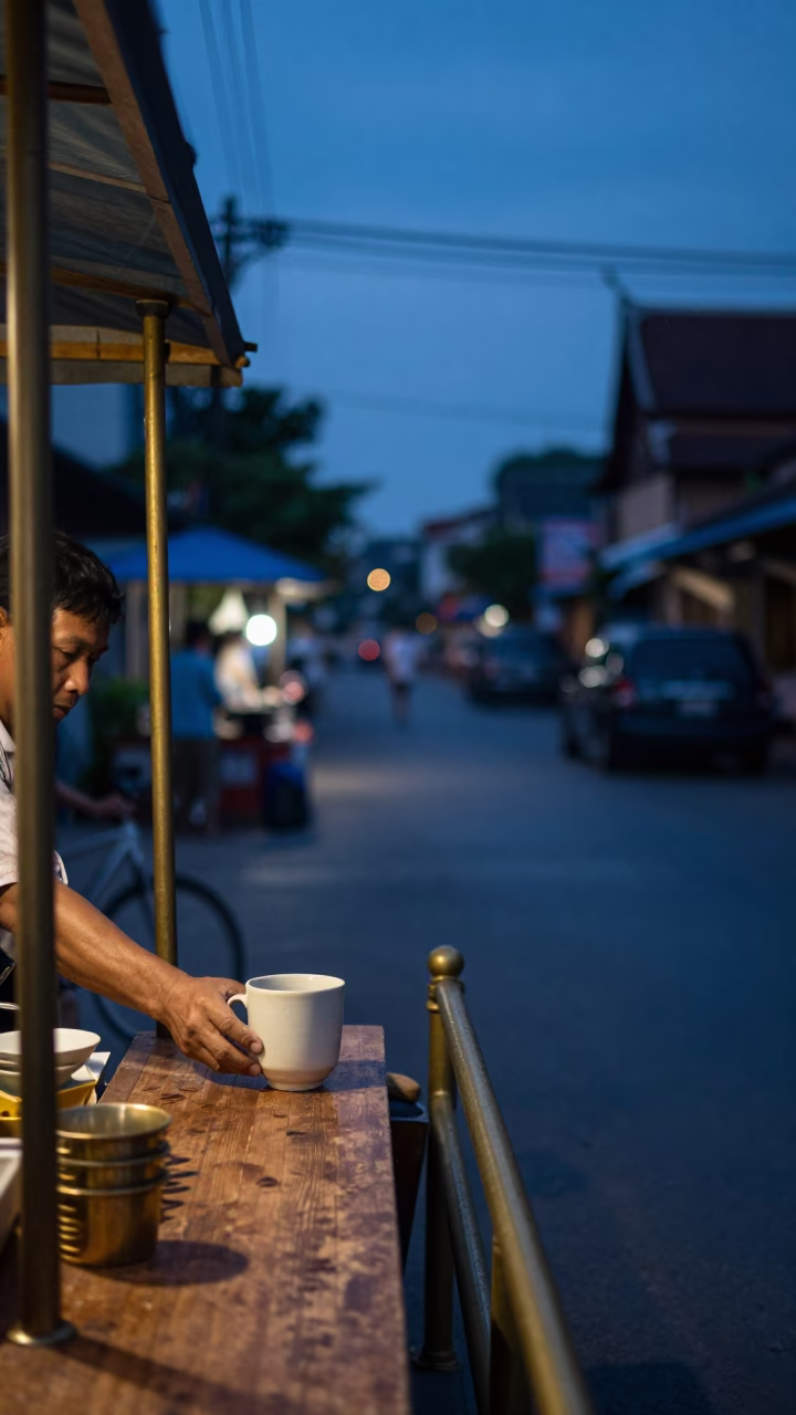 Chiang Mai Thailand Pre-Dawn Street Scene with Ceramic Cup and Brass Rail in in Chiang Mai, Thailand