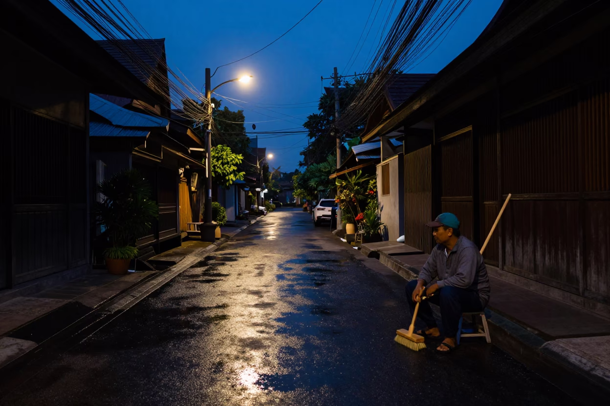 Chiang Mai Thailand Predawn Street Scene with Wooden Scrub Brush and Clay Pot in in Chiang Mai, Thailand