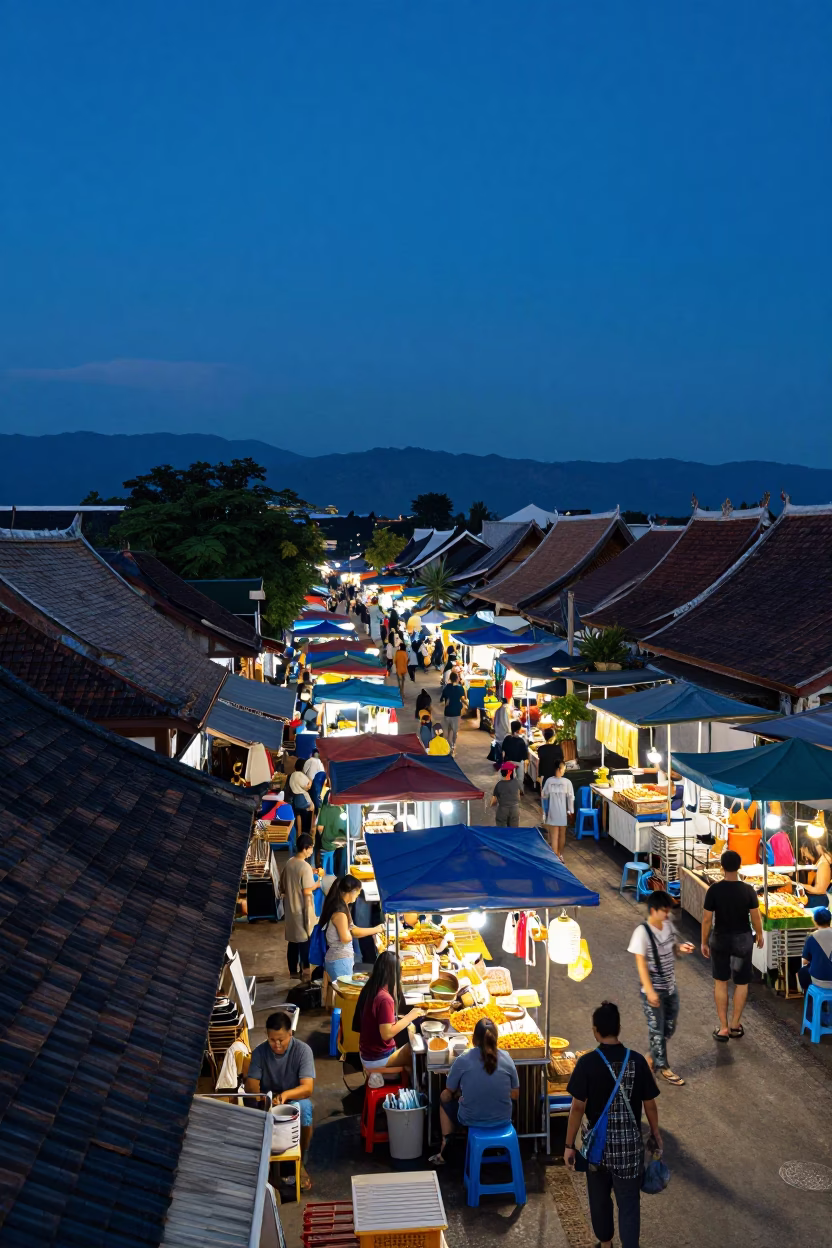 Chiang Mai Thailand Street Food Stall Night Market Scene With Masala Chai in in Chiang Mai, Thailand