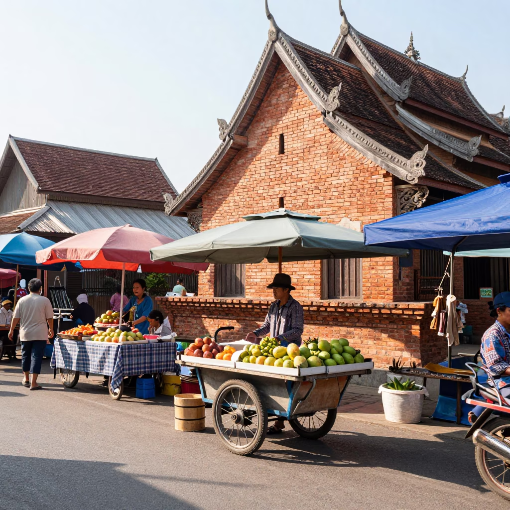 Chiang Mai Thailand street market morning scene with local vendors and customers in in Chiang Mai, Thailand