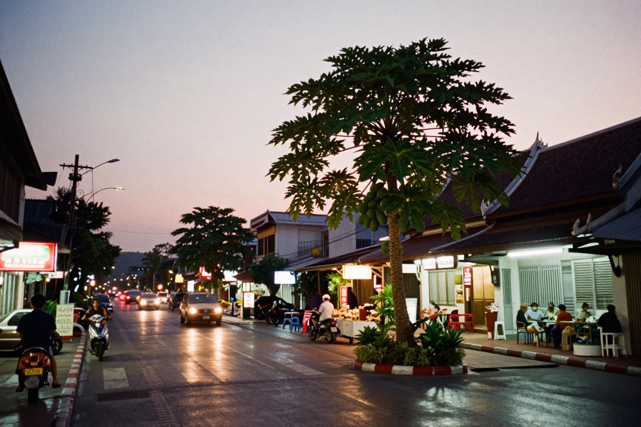 Chiang Mai Thailand Street Scene at Dusk with Papaya Tree and Local Market Activity in in Chiang Mai, Thailand
