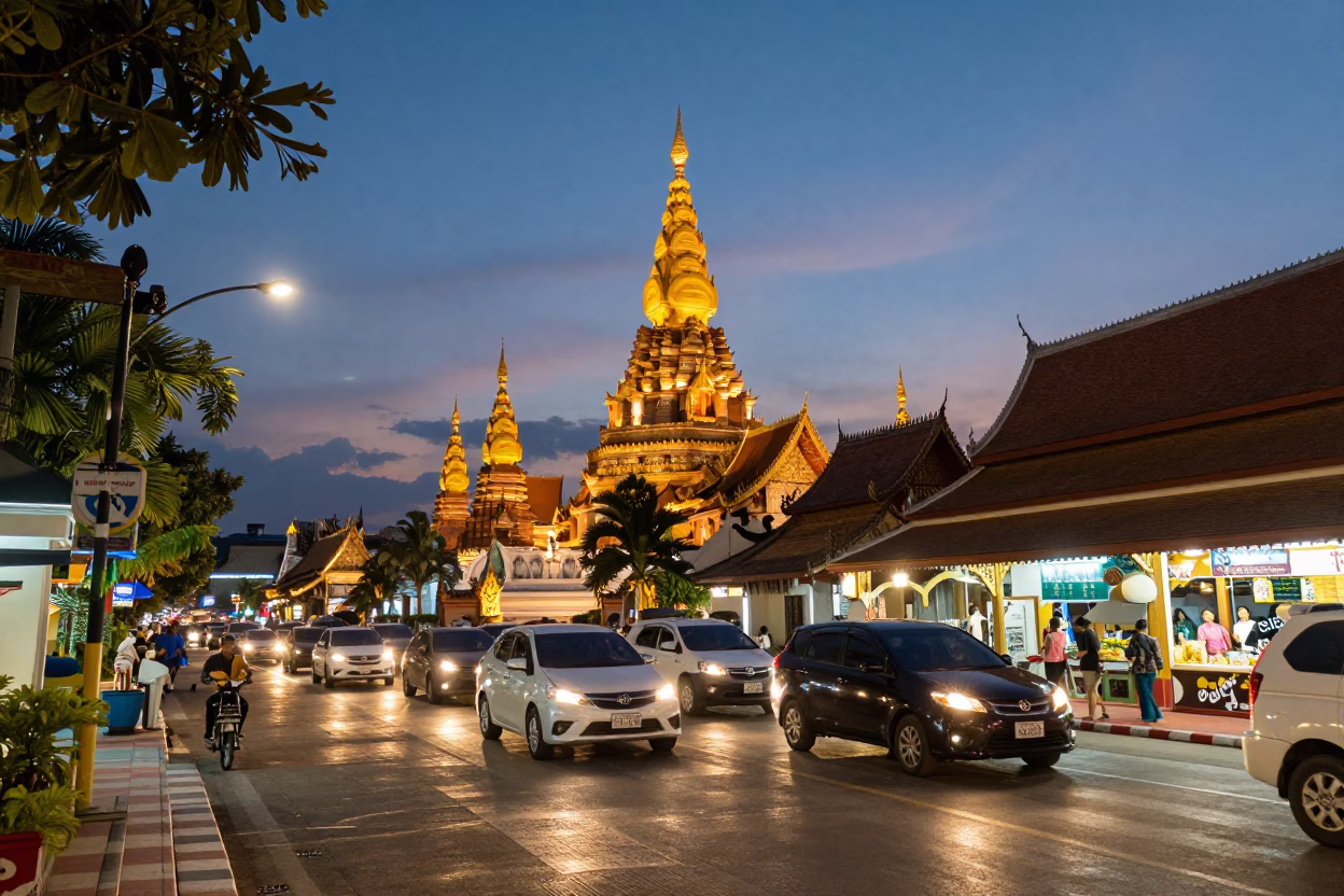 Chiang Mai Thailand Street Scene at Dusk with Temple Lights and Local Traffic in in Chiang Mai, Thailand