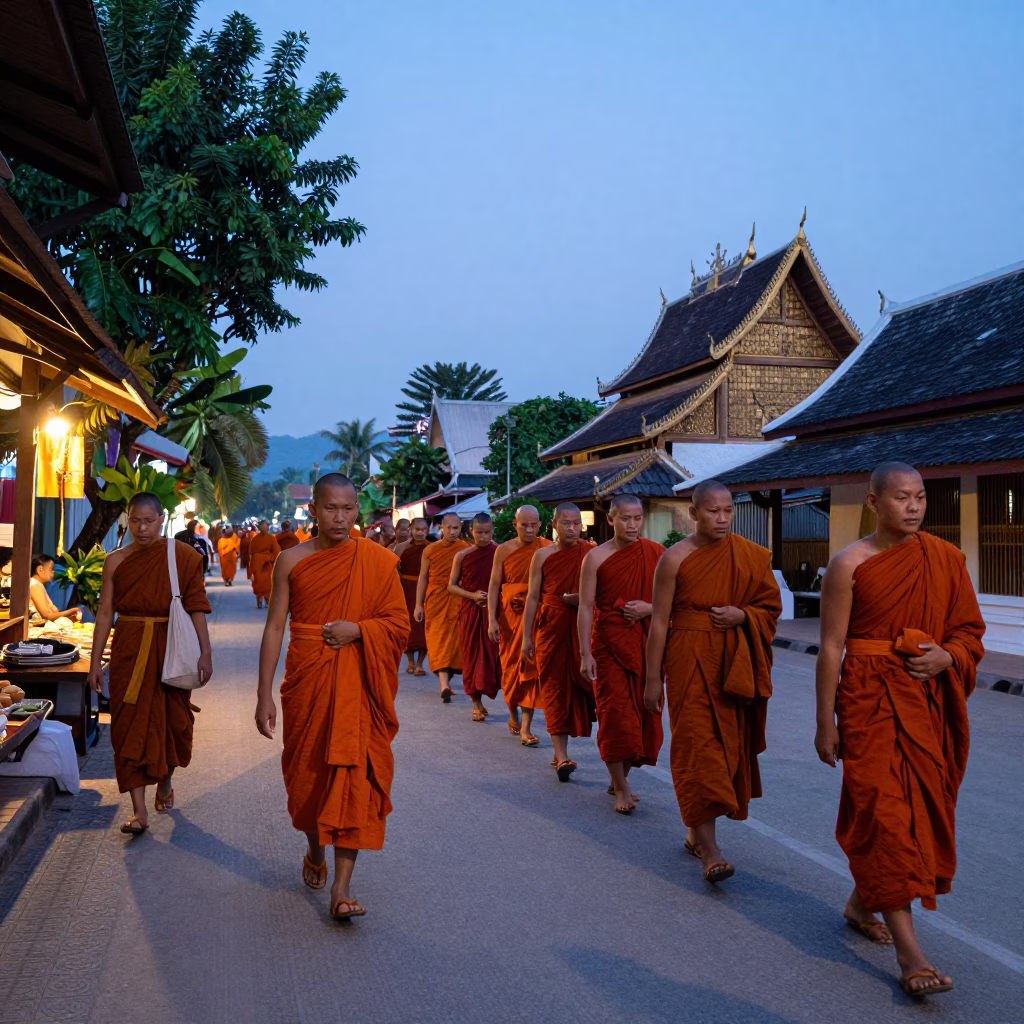 Chiang Mai Thailand Street Scene at Nautical Dawn with Monk Alms and Market Activity in in Chiang Mai, Thailand