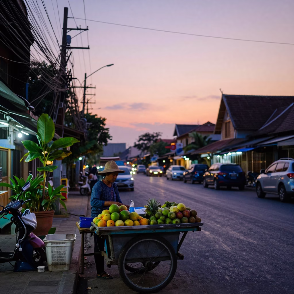 Chiang Mai Thailand street scene at nautical dawn with vendor and bicycle in in Chiang Mai, Thailand