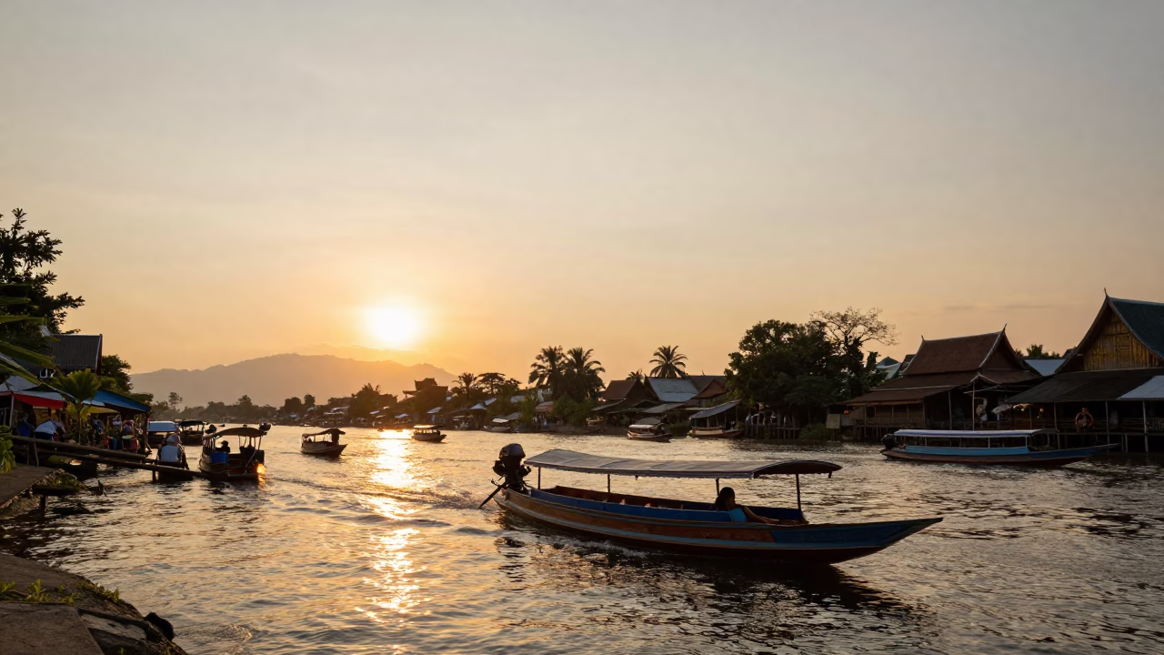 Chiang Mai Thailand street scene at sunset with traditional longtail boat on river in in Chiang Mai, Thailand