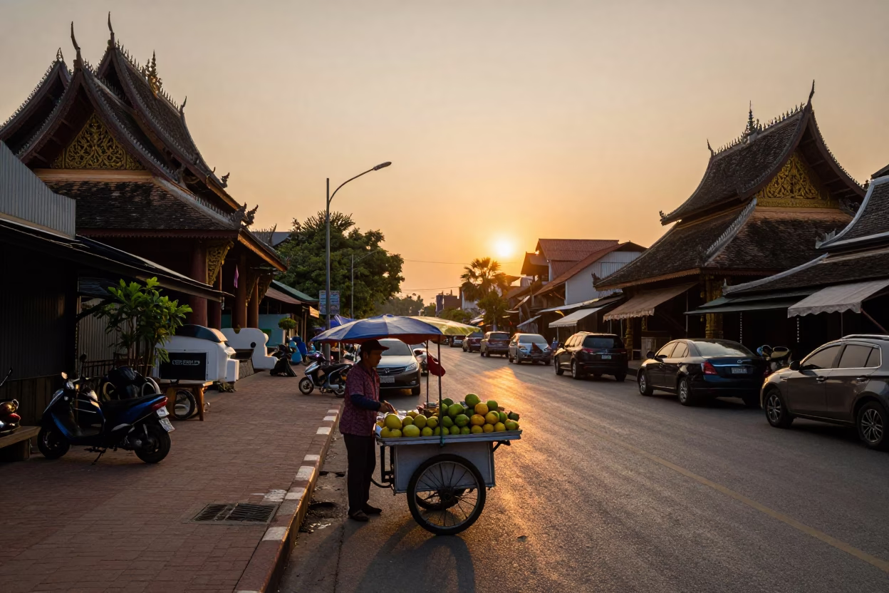 Chiang Mai Thailand Street Scene at Sunset with Vendor Carts and Traditional Architecture in in Chiang Mai, Thailand