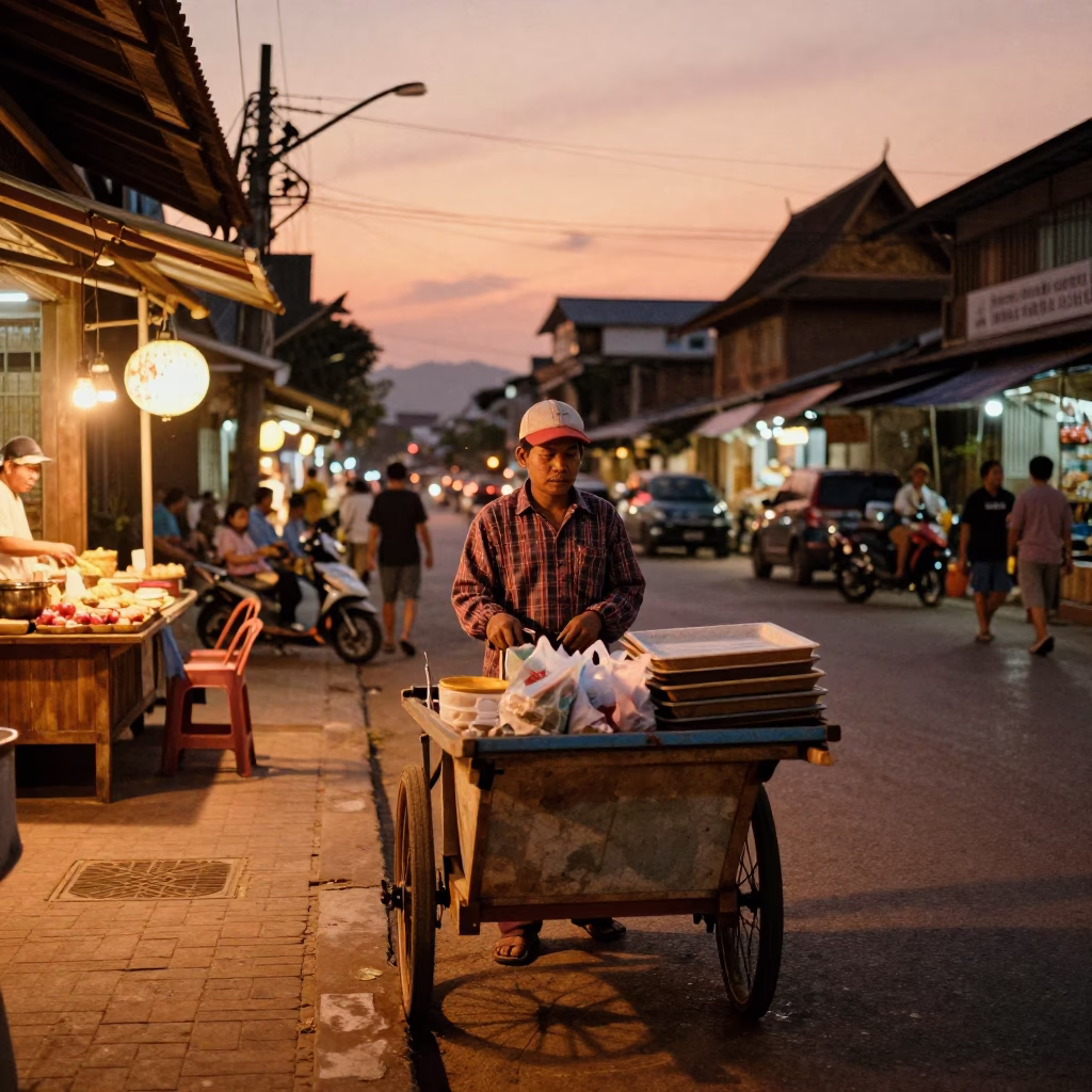 Chiang Mai Thailand Street Scene Before Dusk Copper Light and Local Commerce in in Chiang Mai, Thailand