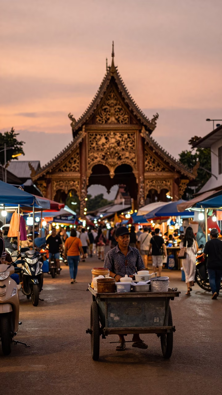 Chiang Mai Thailand Street Scene Before Dusk with Traditional Market Elements in in Chiang Mai, Thailand
