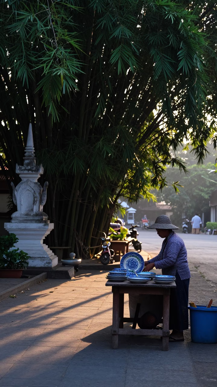 Chiang Mai Thailand Street Scene Before Sunrise with Vintage Majolica Plate and Bamboo in in Chiang Mai, Thailand