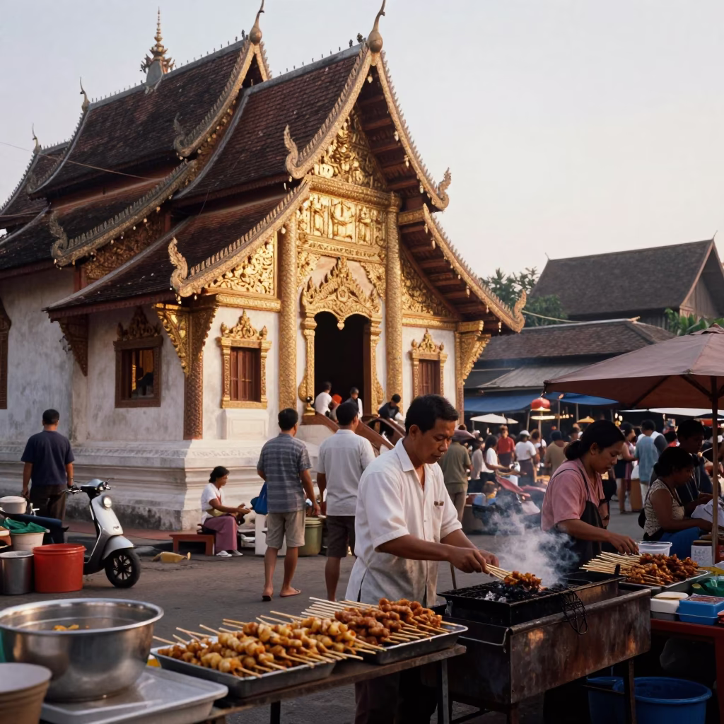 Chiang Mai Thailand Street Scene Early Morning Market Satay Skewers and Local Vendor Activity in in Chiang Mai, Thailand