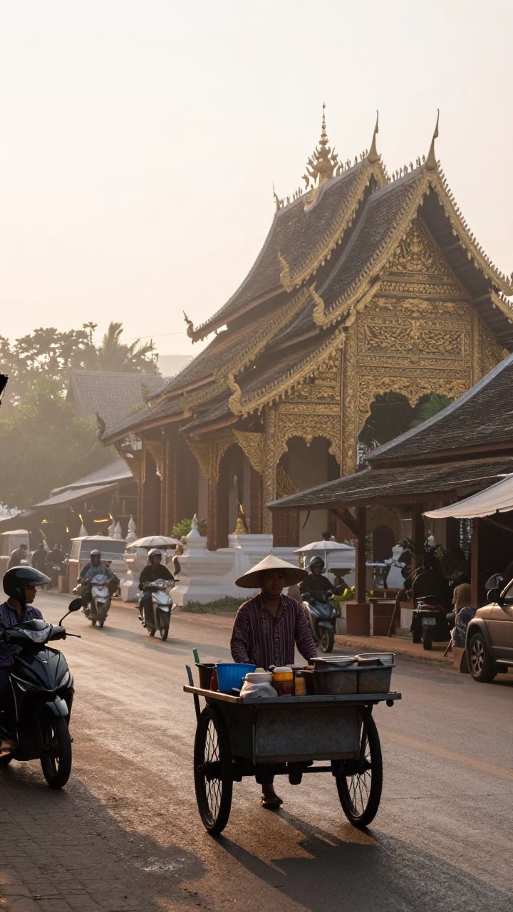 Chiang Mai Thailand street scene first light with local vendor and scooter in in Chiang Mai, Thailand