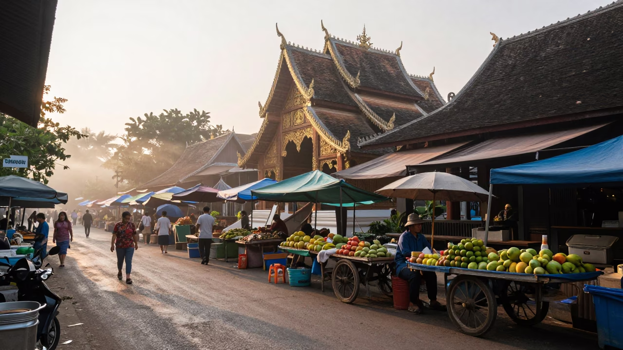 Chiang Mai Thailand street scene just after sunrise with local market activity in in Chiang Mai, Thailand