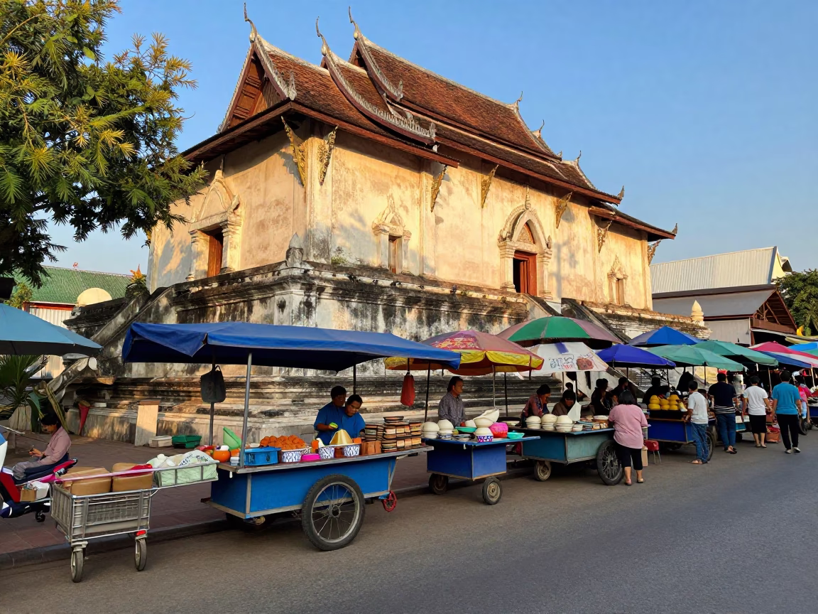 Chiang Mai Thailand street scene late afternoon light traditional market vendor and pedestrians in in Chiang Mai, Thailand