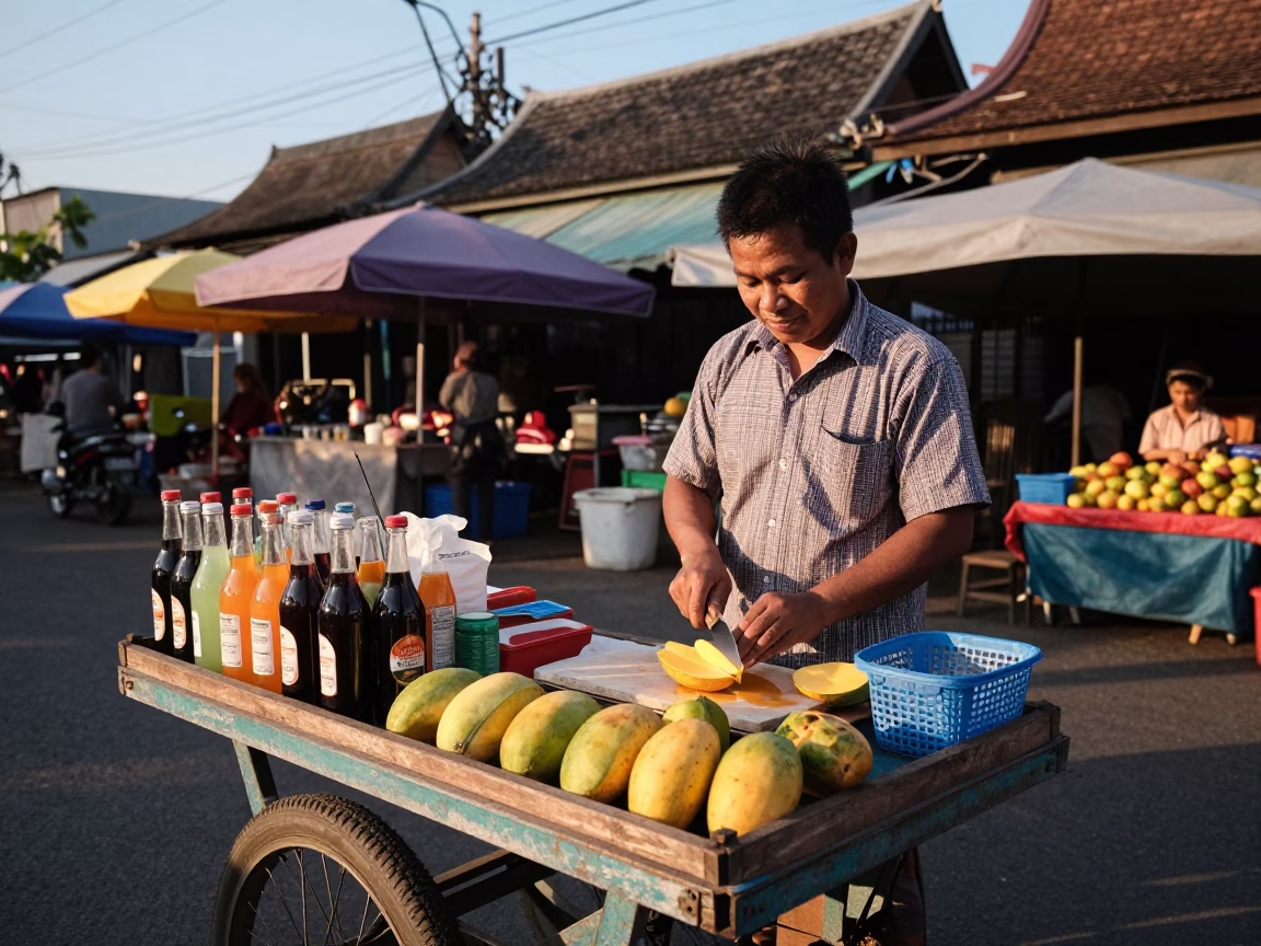 Chiang Mai Thailand Street Scene Late Afternoon Market Vendor with Bottle and Fruit Knife in in Chiang Mai, Thailand