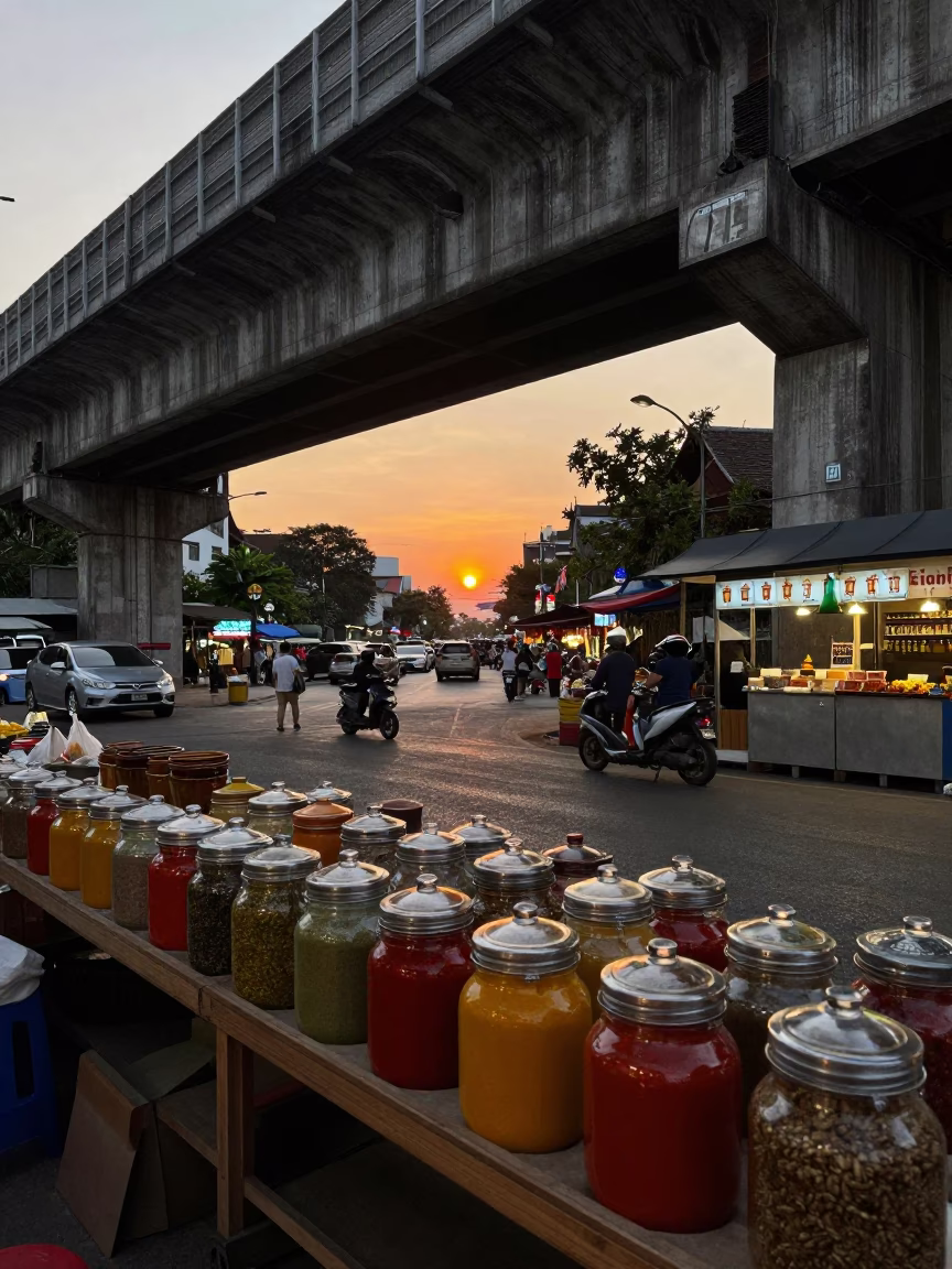Chiang Mai Thailand street scene with spice jars and overpass at sunset in in Chiang Mai, Thailand