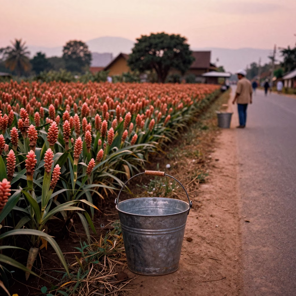 Chiang Mai Thailand Street Scene with Turmeric Field and Metal Bucket in Dusk Light in in Chiang Mai, Thailand