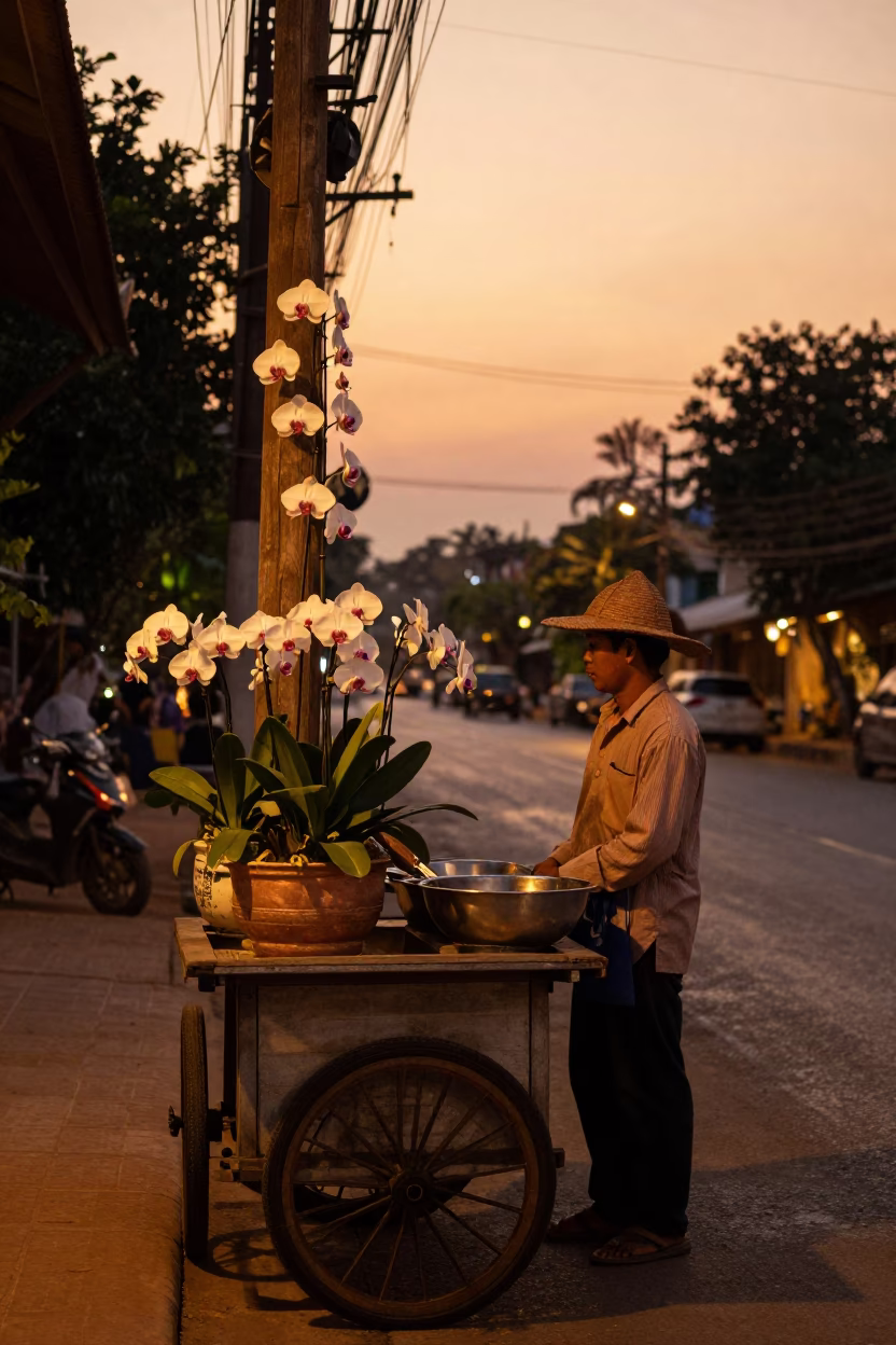 Chiang Mai Thailand street scene with vanilla orchid and golden dusk light in in Chiang Mai, Thailand