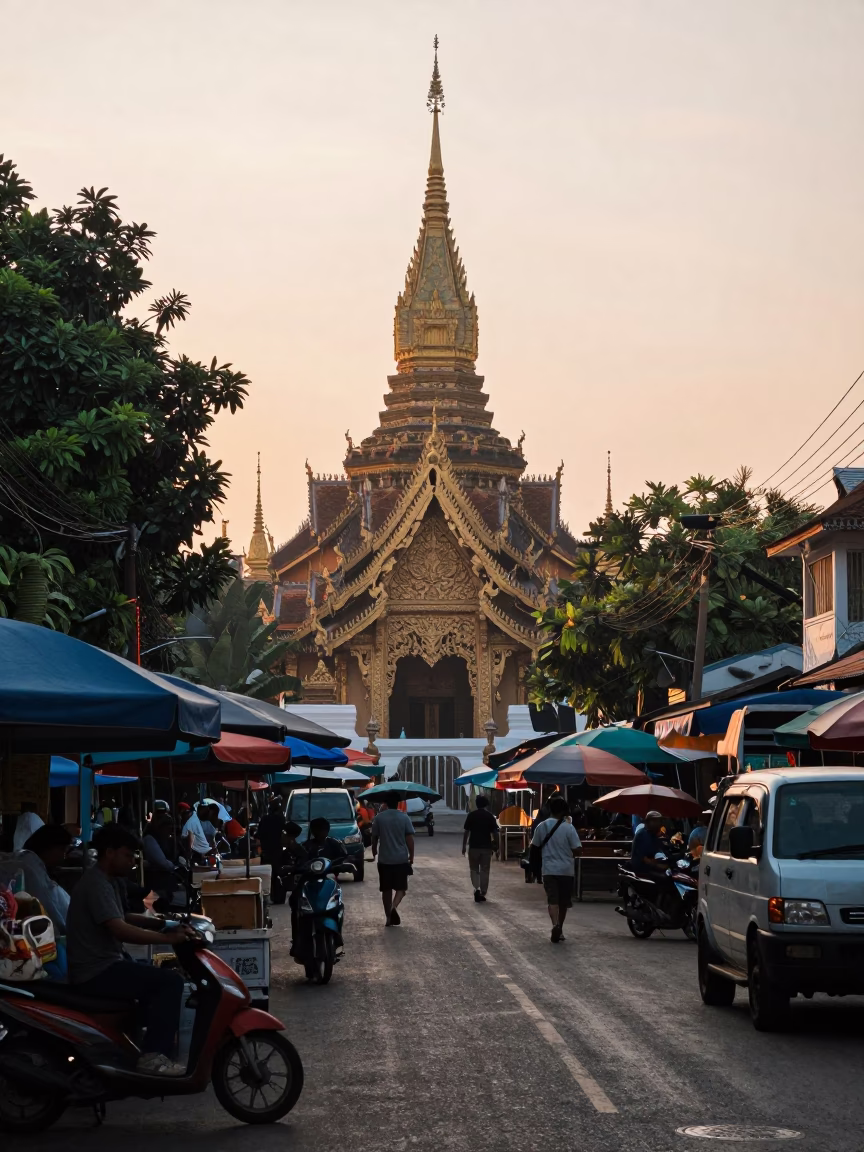 Chiang Mai Thailand Sunrise Street Scene with Local Market Activity and Traditional Architecture in in Chiang Mai, Thailand