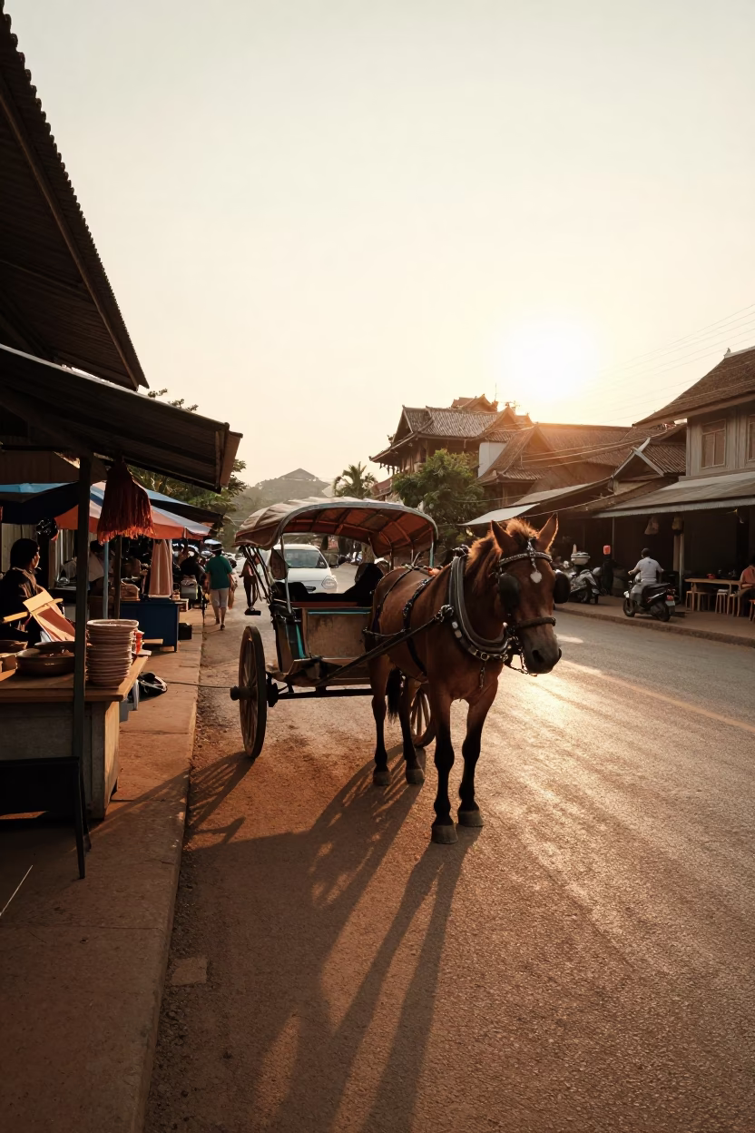 Chiang Mai Thailand Sunset Street Scene with Horse Cart and Local Vendor in in Chiang Mai, Thailand
