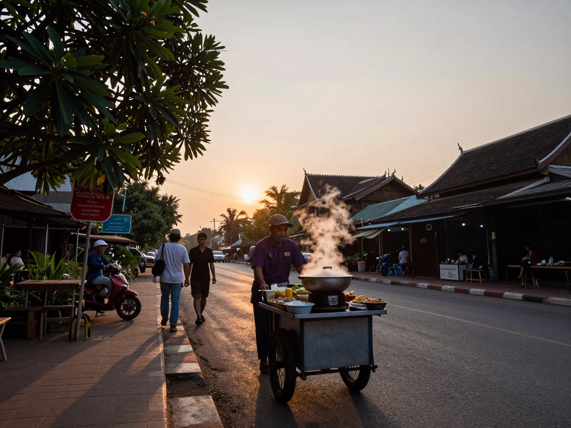 Chiang Mai Thailand Sunset Street Scene with Hotpot Dinner and Plumeria Petals in in Chiang Mai, Thailand