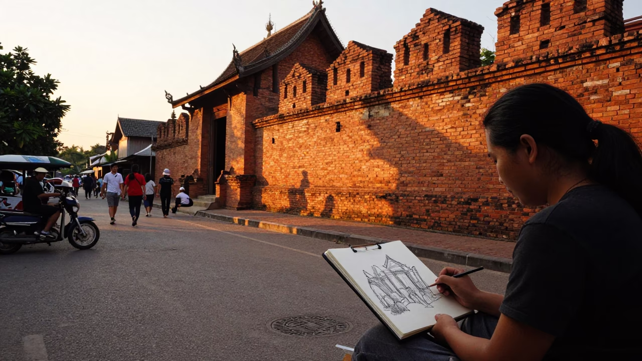 Chiang Mai Thailand Sunset Street Scene with Local Artisan Sketchbook and Vintage Details in in Chiang Mai, Thailand