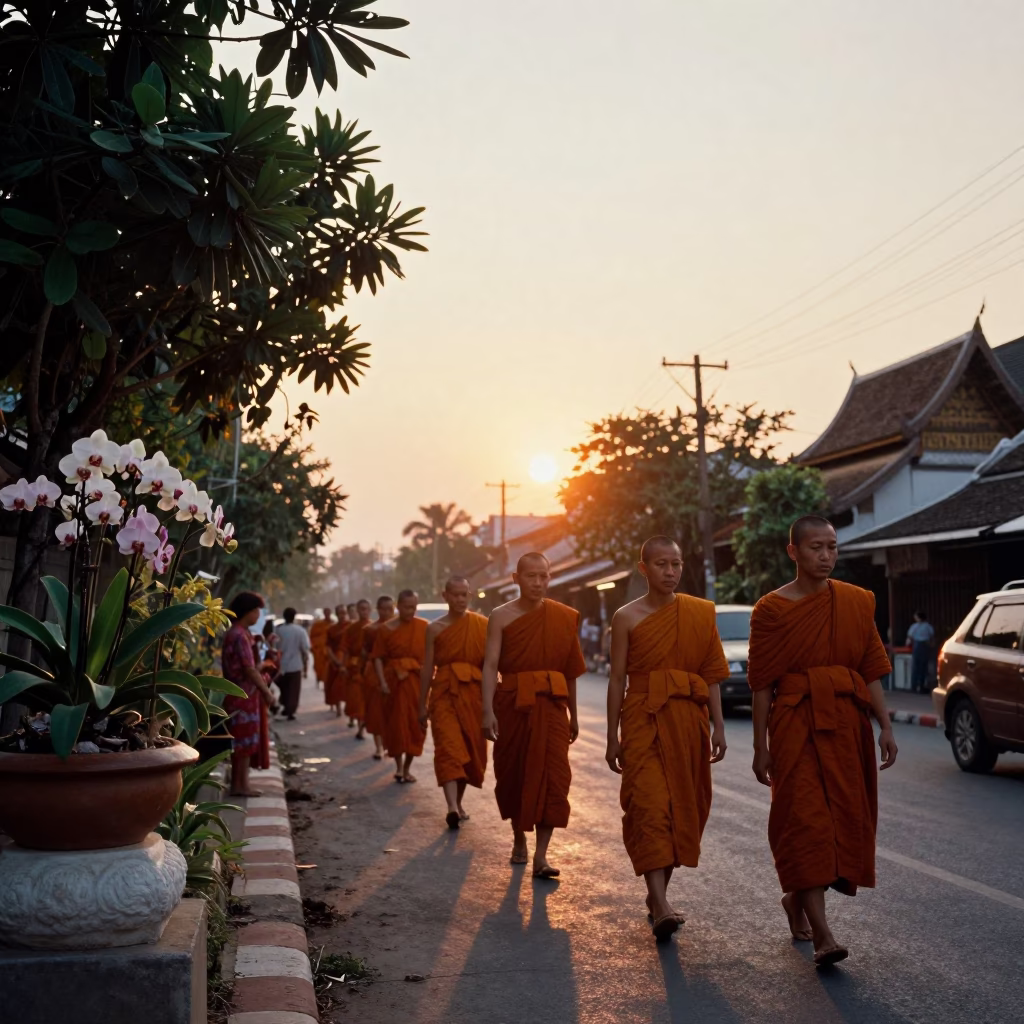Chiang Mai Thailand Sunset Street Scene with Monks and Vanilla Orchid in in Chiang Mai, Thailand