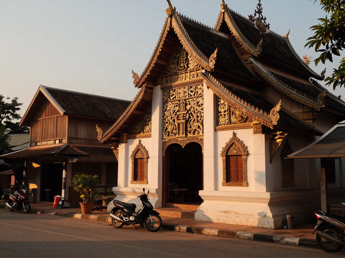 Chiang Mai Thailand Sunset Street Scene with Motorcycle and Local Life in in Chiang Mai, Thailand