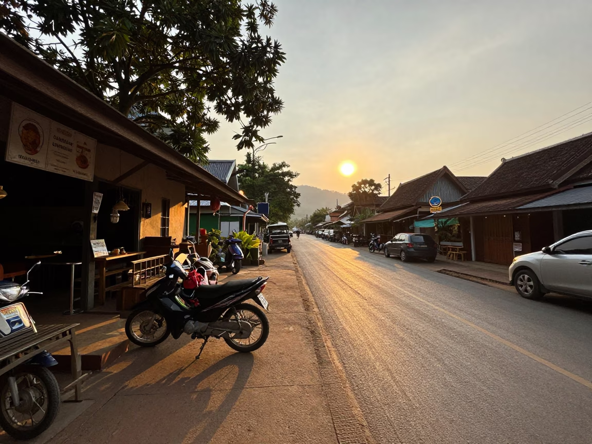 Chiang Mai Thailand Sunset Street Scene with Motorcycle and Local Vendor in in Chiang Mai, Thailand