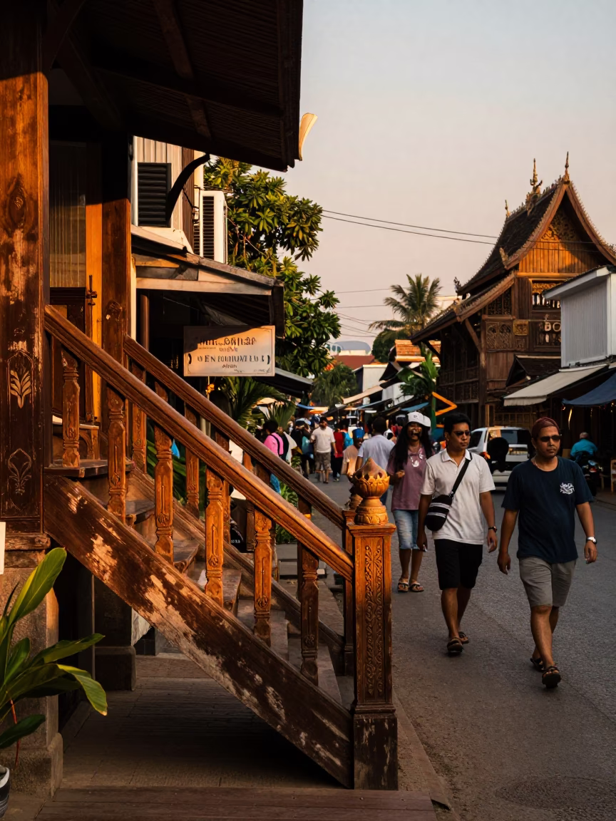 Chiang Mai Thailand Sunset Street Scene with Stair Rail and Local Life in in Chiang Mai, Thailand