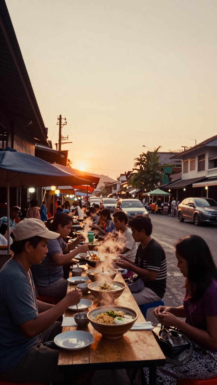 Chiang Mai Thailand Sunset Street Scene with Street Food Vendors and Local Dining in in Chiang Mai, Thailand