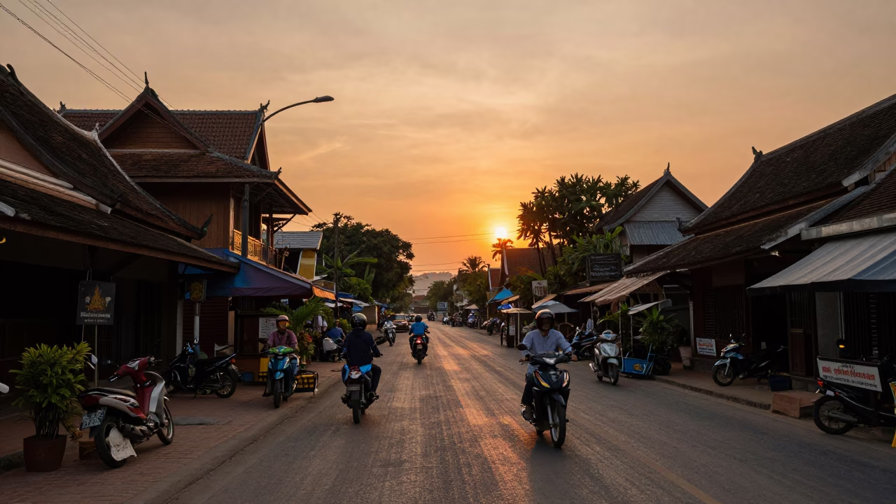 Chiang Mai Thailand Sunset Street Scene with Vintage Latch and Traditional Architecture in in Chiang Mai, Thailand