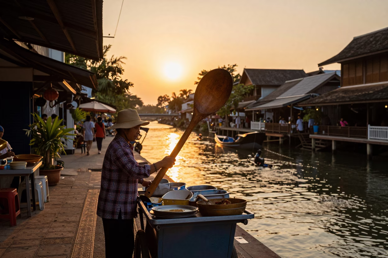 Chiang Mai Thailand Sunset Street Scene with Wooden Spoon and Canal Barge in in Chiang Mai, Thailand