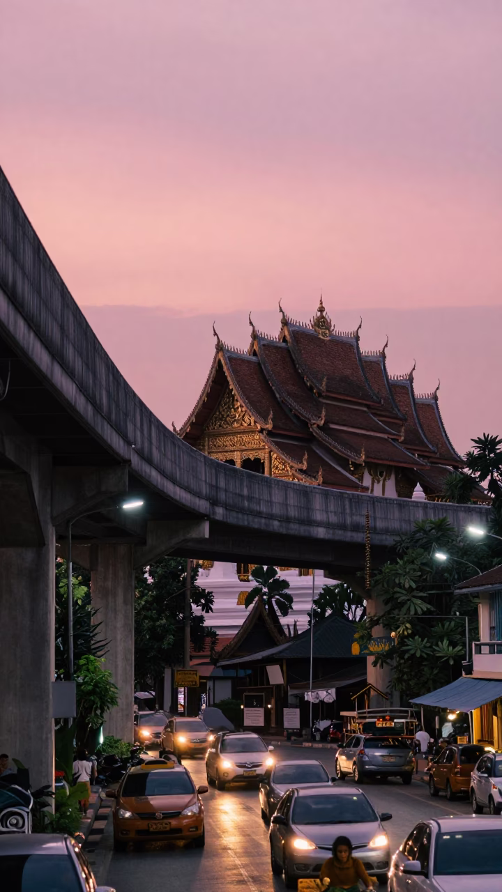 Chiang Mai Thailand Twilight Highway Flyover and Traditional Lanna Architecture Street Scene in in Chiang Mai, Thailand