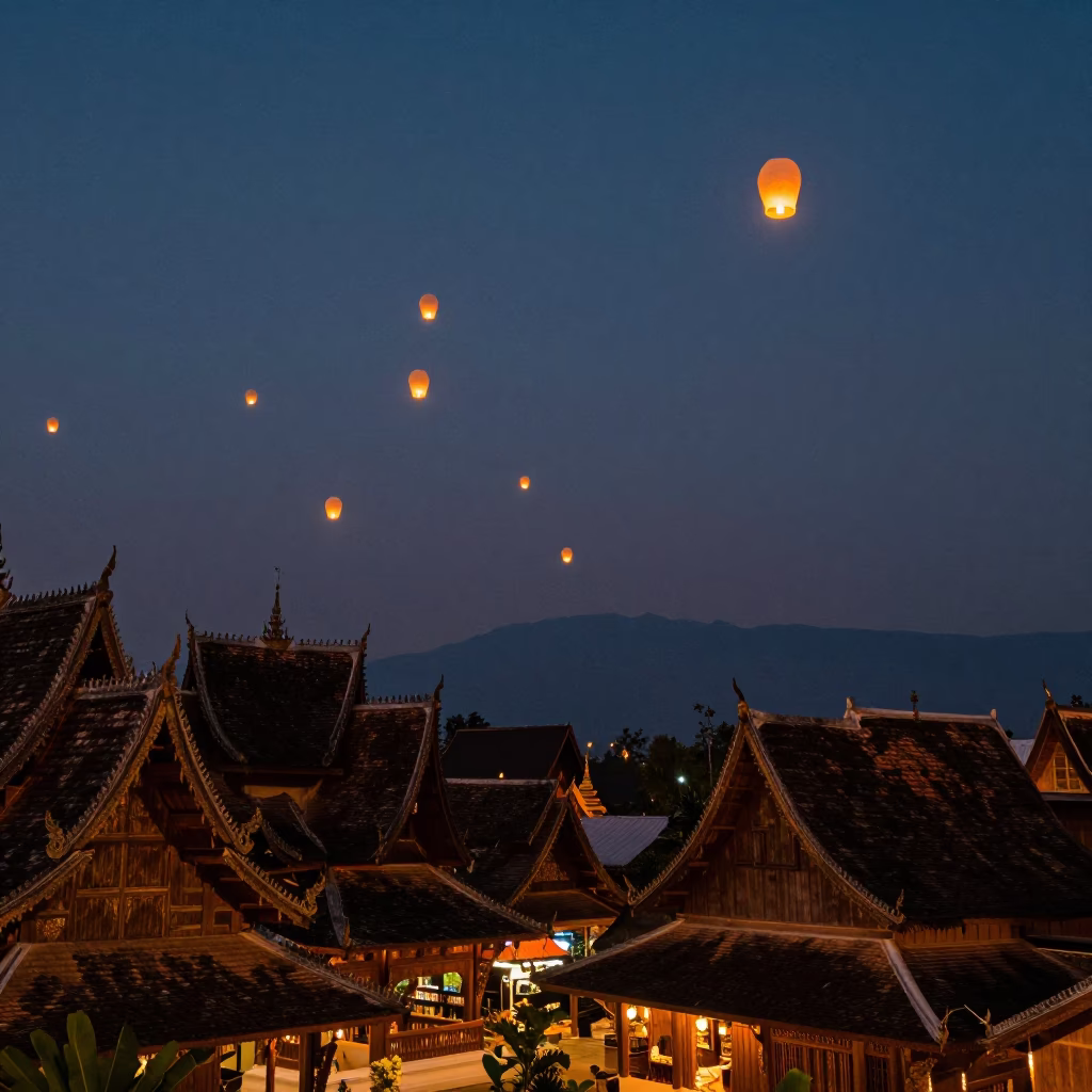 Chiang Mai Thailand Twilight Lantern Festival Sky Lanterns Rising Over Temple Rooftops in in Chiang Mai, Thailand