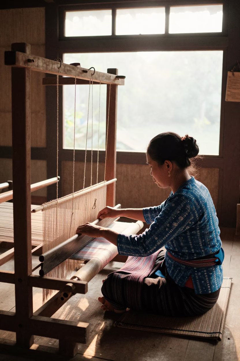 Chiang Mai Thailand Weaver at Loom in Traditional Workshop After Sunrise Light in in Chiang Mai, Thailand