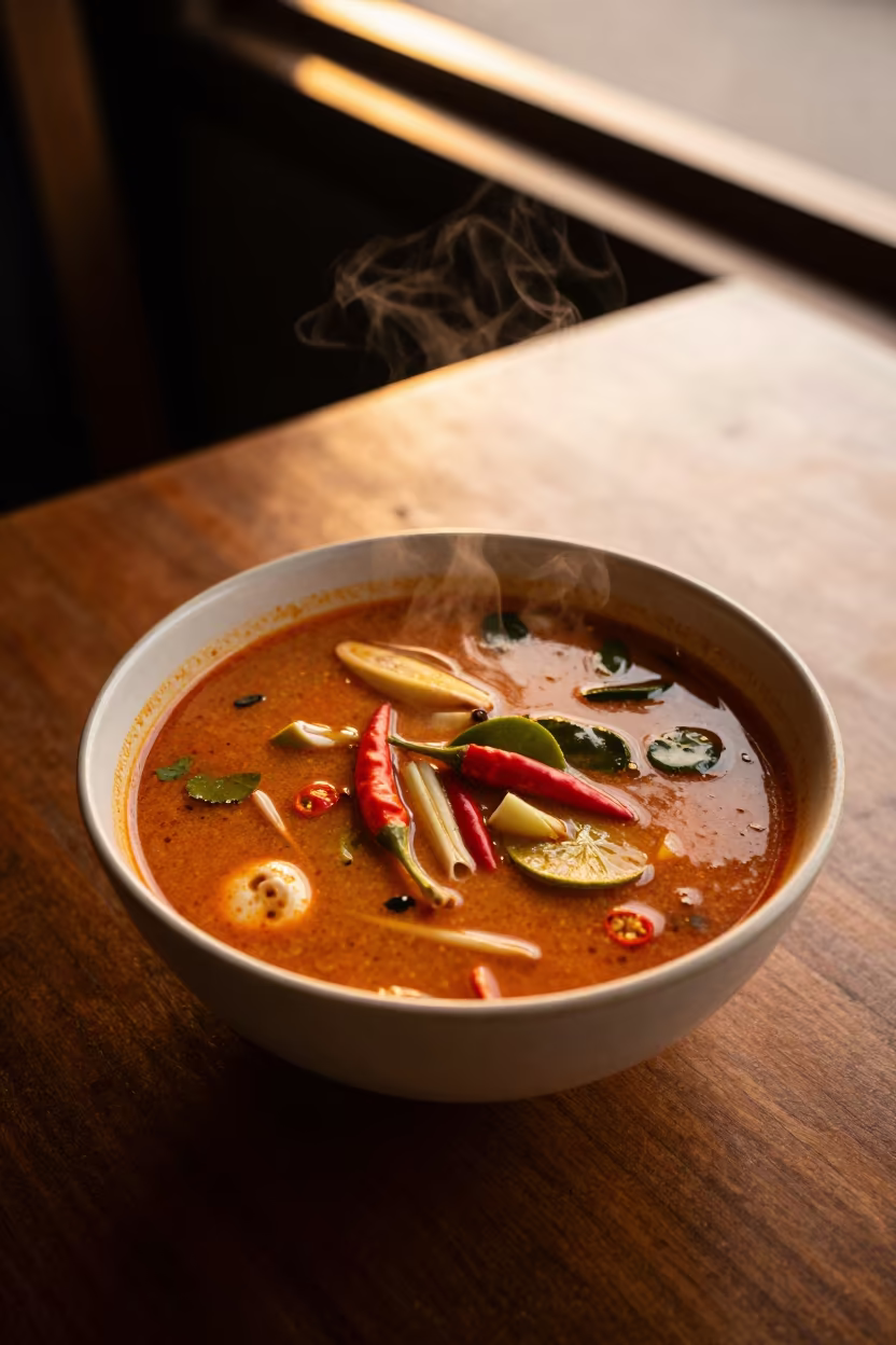 Chiang Mai Tom Yum Bowl in Golden Window Light in on a restaurant table in Chiang Mai