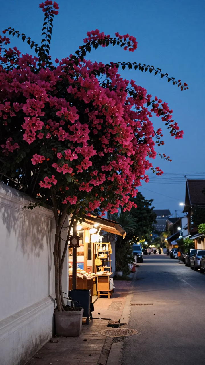 Chiang Mai Twilight Street Scene with Bougainvillea and Local Shop Display in in Chiang Mai, Thailand