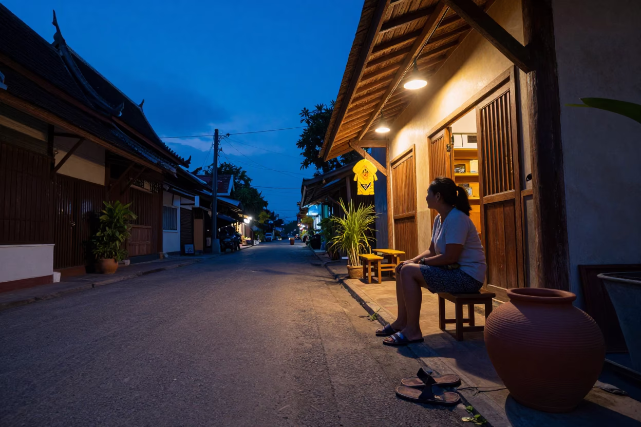 Chiang Mai Twilight Street Scene with Clay Pot and Slippers in in Chiang Mai, Thailand