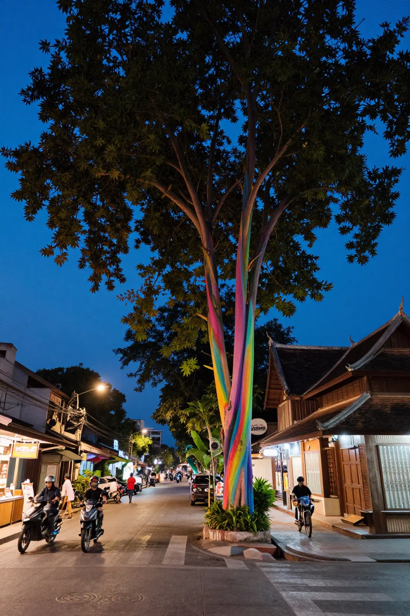 Chiang Mai Twilight Street Scene with Rainbow Eucalyptus and Local Life in in Chiang Mai, Thailand