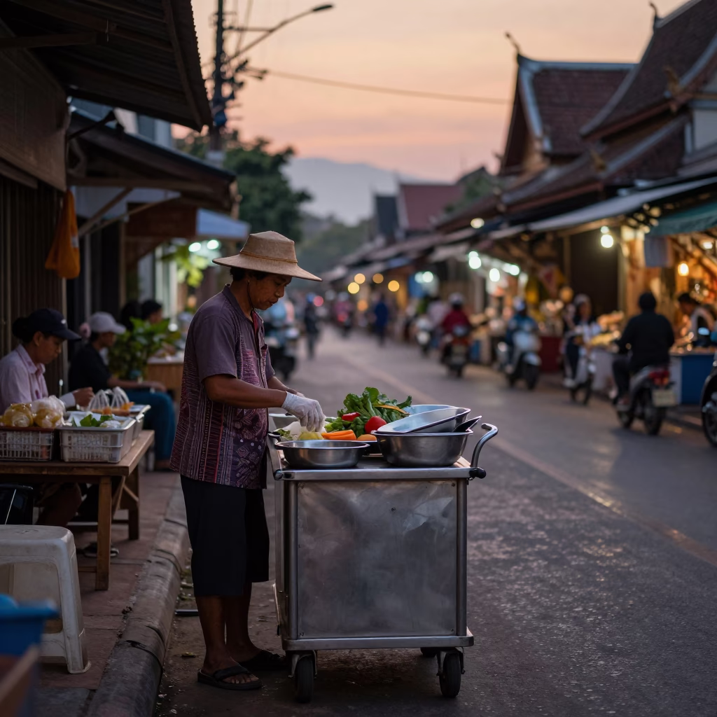 Chiang Mai Vendor Preparation at The Still Hours Before Dawn Light in in Chiang Mai, Thailand