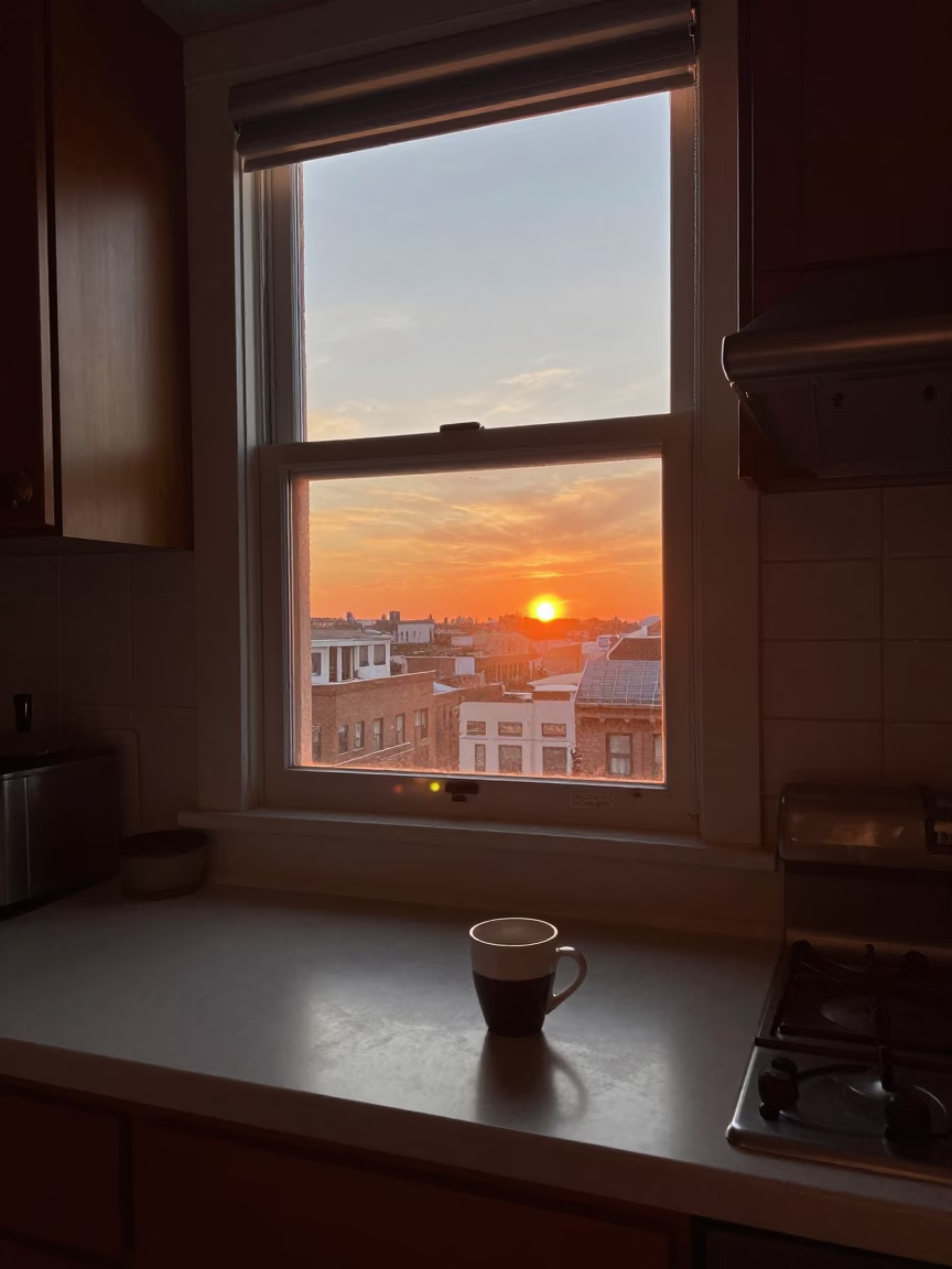 Chicago 1970s Kitchen Window View at Sunset with Espresso and Steam in in Chicago, Illinois, United States