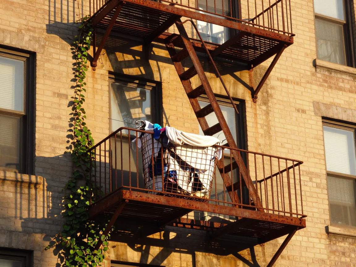 Chicago Apartment Fire Escape Laundry Basket Ivy Vines Golden Hour in in Chicago, Illinois, United States