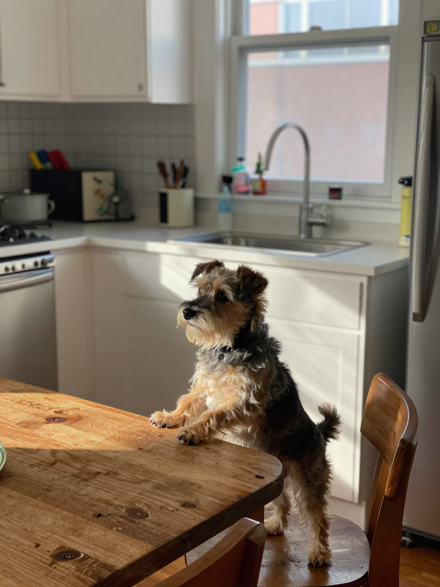 Chicago Apartment Kitchen Counter with Small Dog and Everyday Items in in Chicago, Illinois, United States
