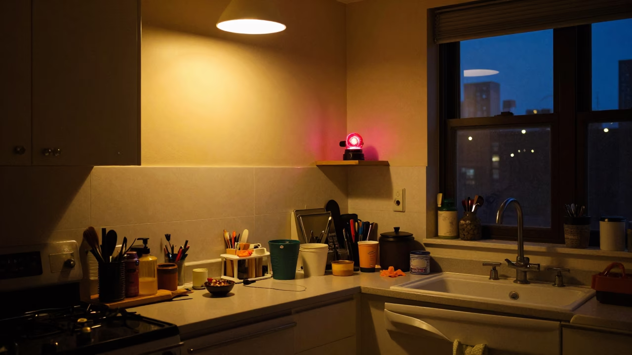 Chicago Apartment Kitchen Evening Glow with Fire Engine Siren Reflections and Daily Clutter in in Chicago, Illinois, United States