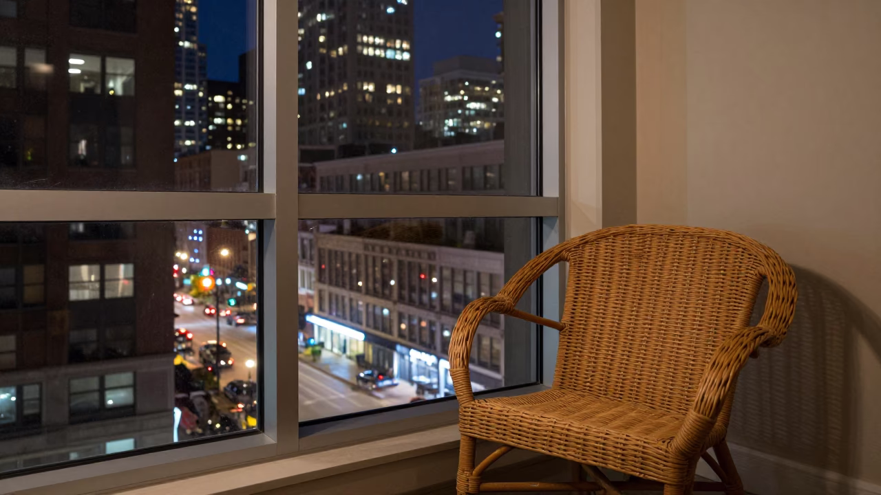 Chicago Apartment Window View After Dark Rattan Chair and City Lights in in Chicago, Illinois, United States