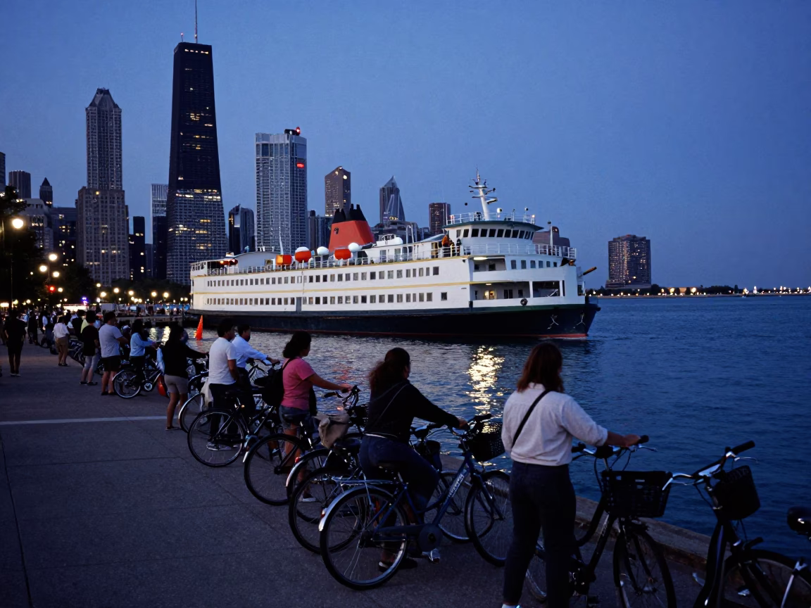 Chicago Blue Hour Ferry Dock Scene with Passengers Loading Bicycles in in Chicago, Illinois, United States
