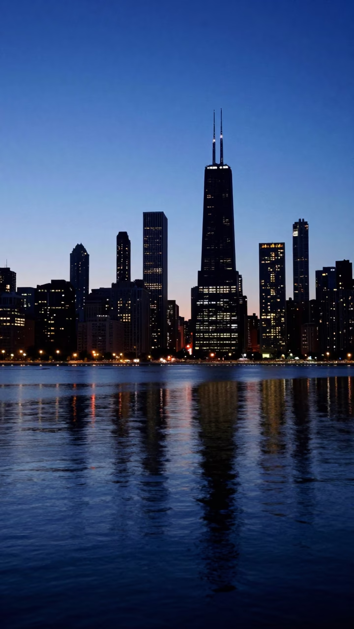 Chicago Blue Hour Lake Michigan Skyline Reflections and Urban Street Scene in in Chicago, Illinois, United States