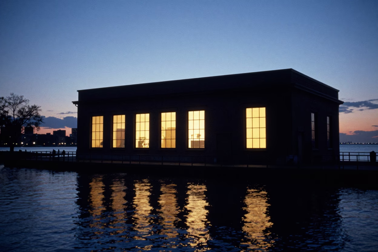 Chicago Blue Hour Levee Pump House Window Glowing Over Floodwater Reflections in in Chicago, Illinois, United States