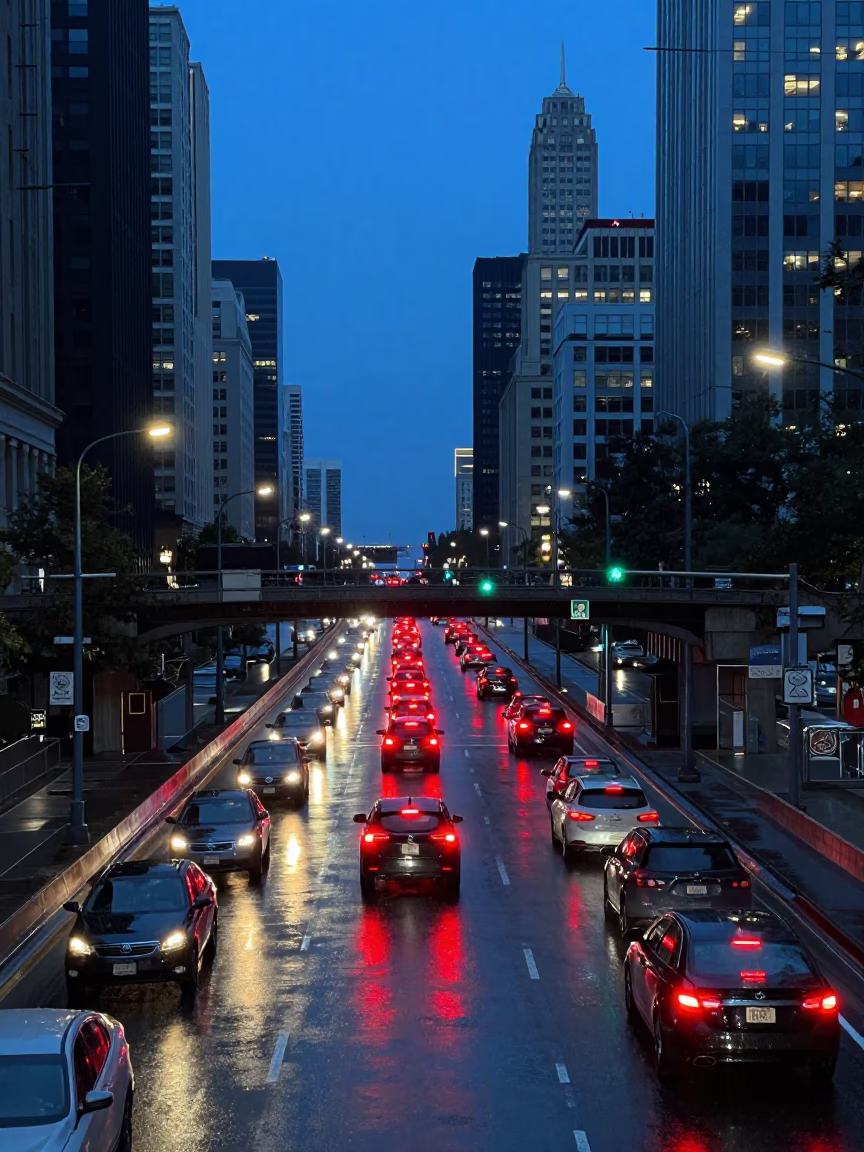Chicago Blue Hour Overpass Interchange Glowing With Red Taillights After Rain in in Chicago, Illinois, United States